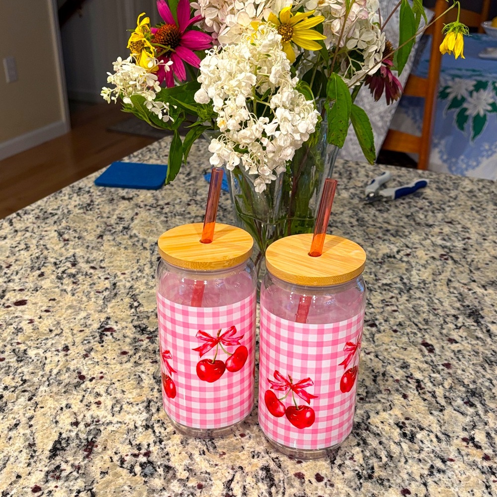 Cherry Gingham Plastic bamboos lids Tumblers